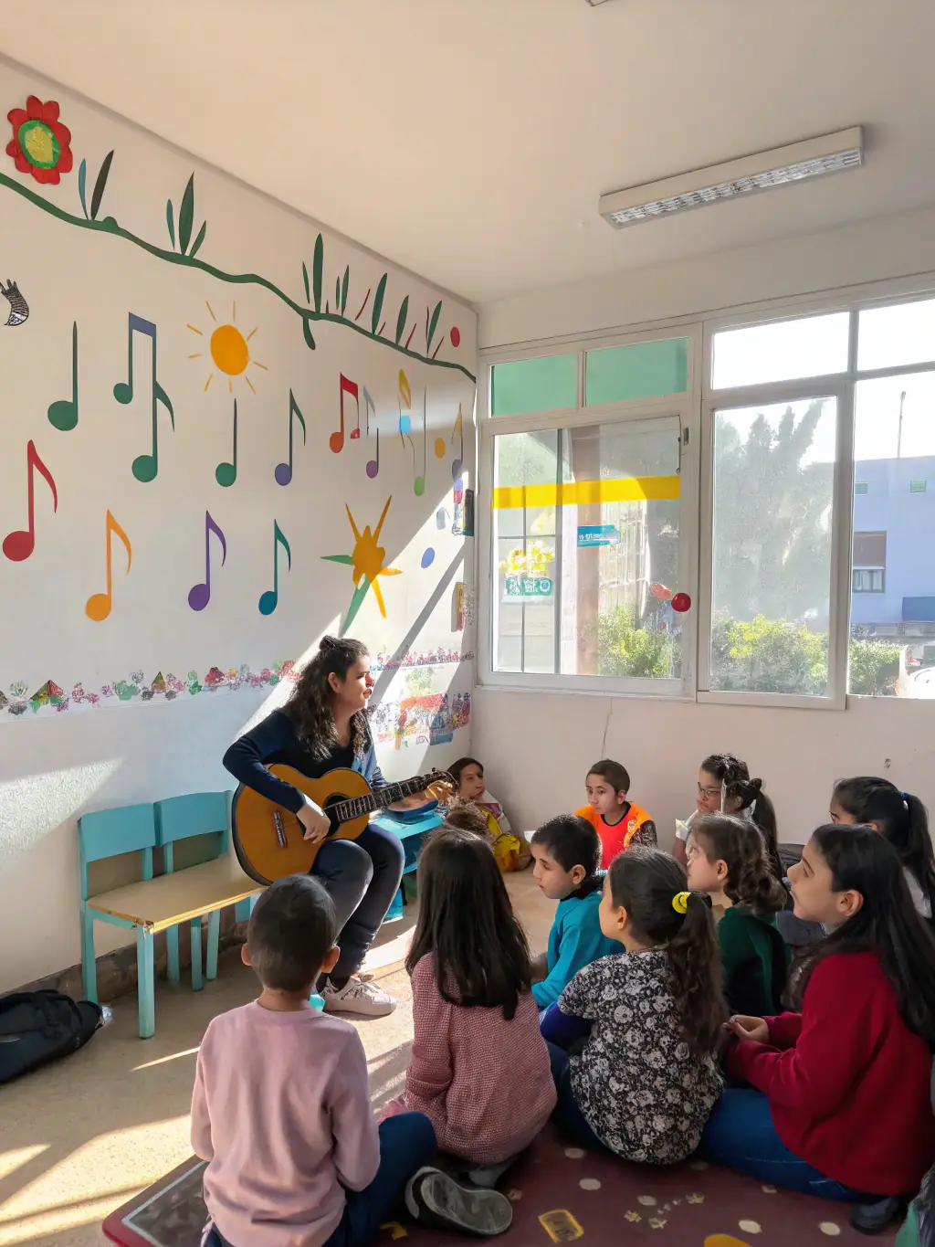 A vibrant image of a group of students participating in a fiddle workshop, showcasing traditional Canadian folk music instruction at the Lyreway festival.