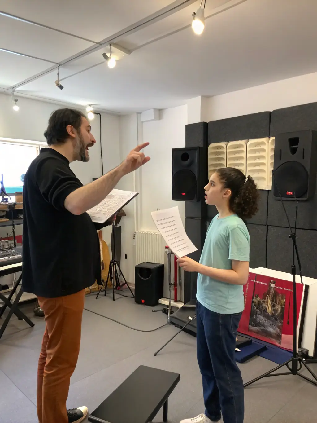 An engaging image of a vocal coach working with a student, highlighting the personalized attention and vocal development offered in the singing course at Lyreway.