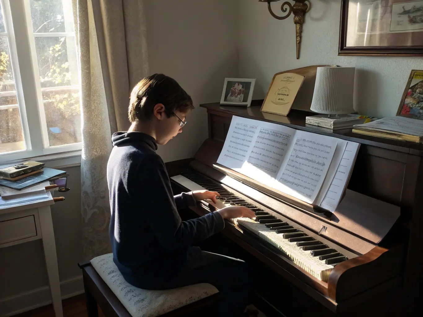 An inspiring image of a student playing the piano with focused concentration, highlighting the individual attention and personalized instruction provided at lyreway.uno.