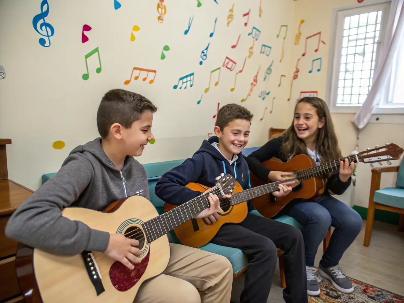 A vibrant image of a group of students participating in a guitar class, showcasing the collaborative and engaging learning environment at lyreway.uno.