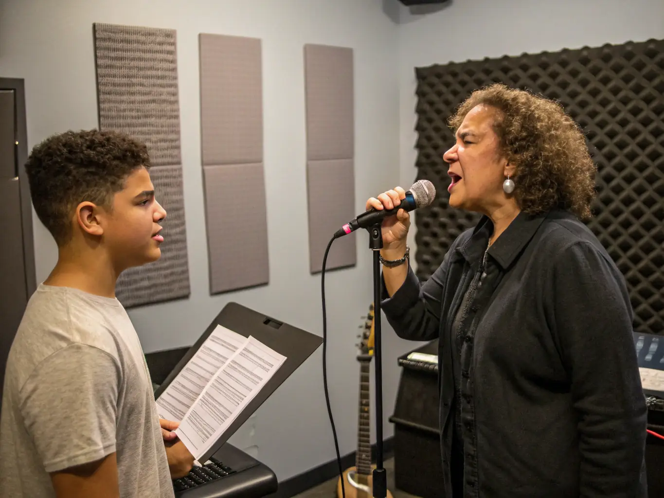 A dynamic image of a vocal coach working with a student on their singing technique, emphasizing the personalized vocal training offered at lyreway.uno.